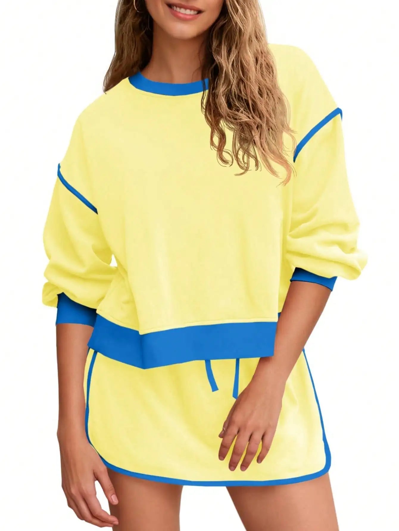 Fisoew Women's 2 Piece Crewneck Sweatshirt Skort Sweatsuit Lounge Set