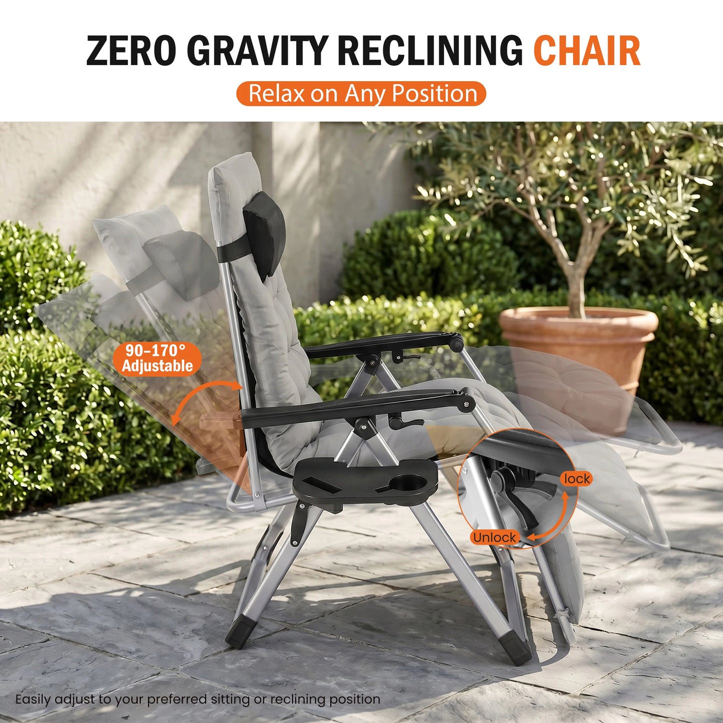 JHK Zero Gravity Reclining Camping Lounge Chair With Tray