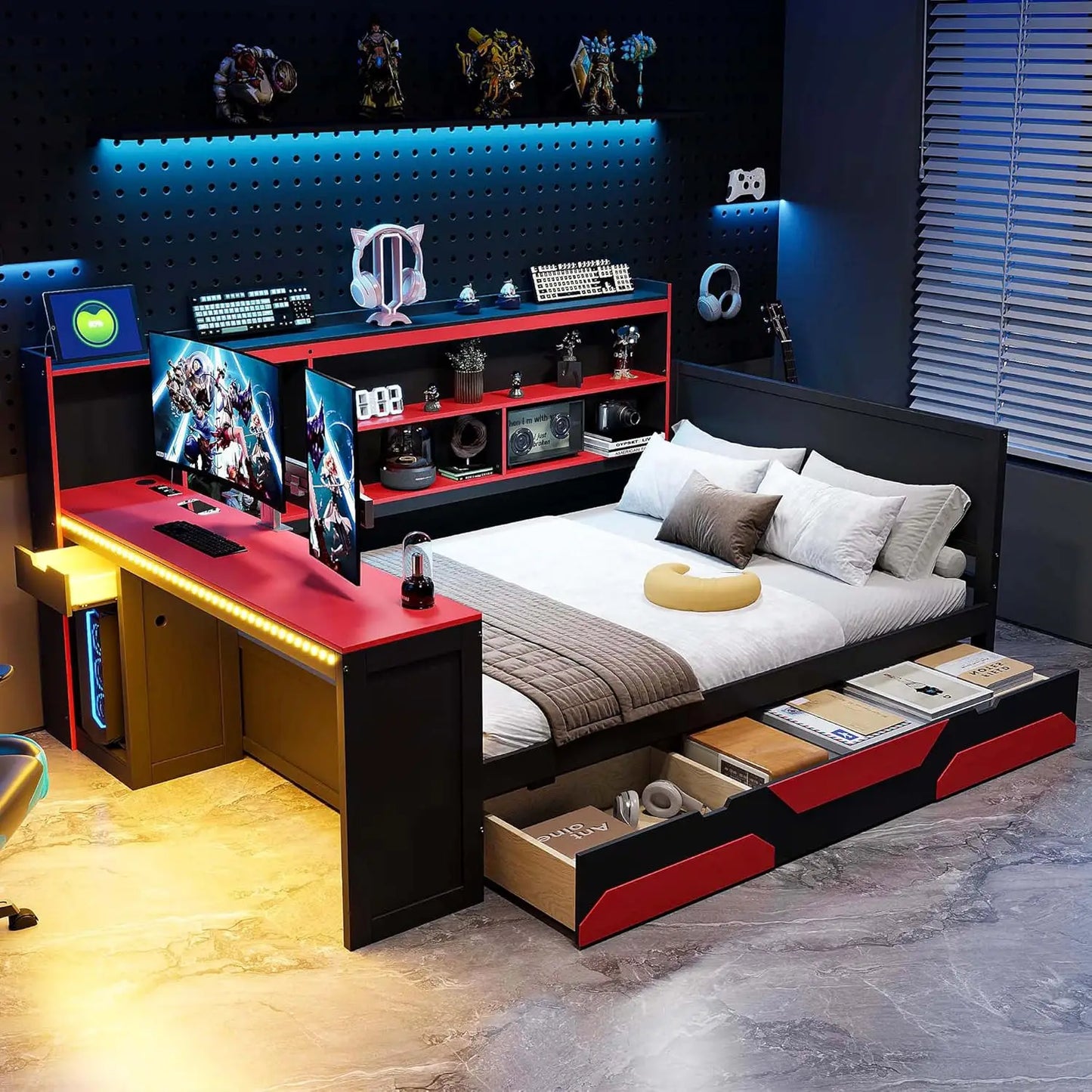 Daybed With Desk, Cabinet And USB Charging Storage