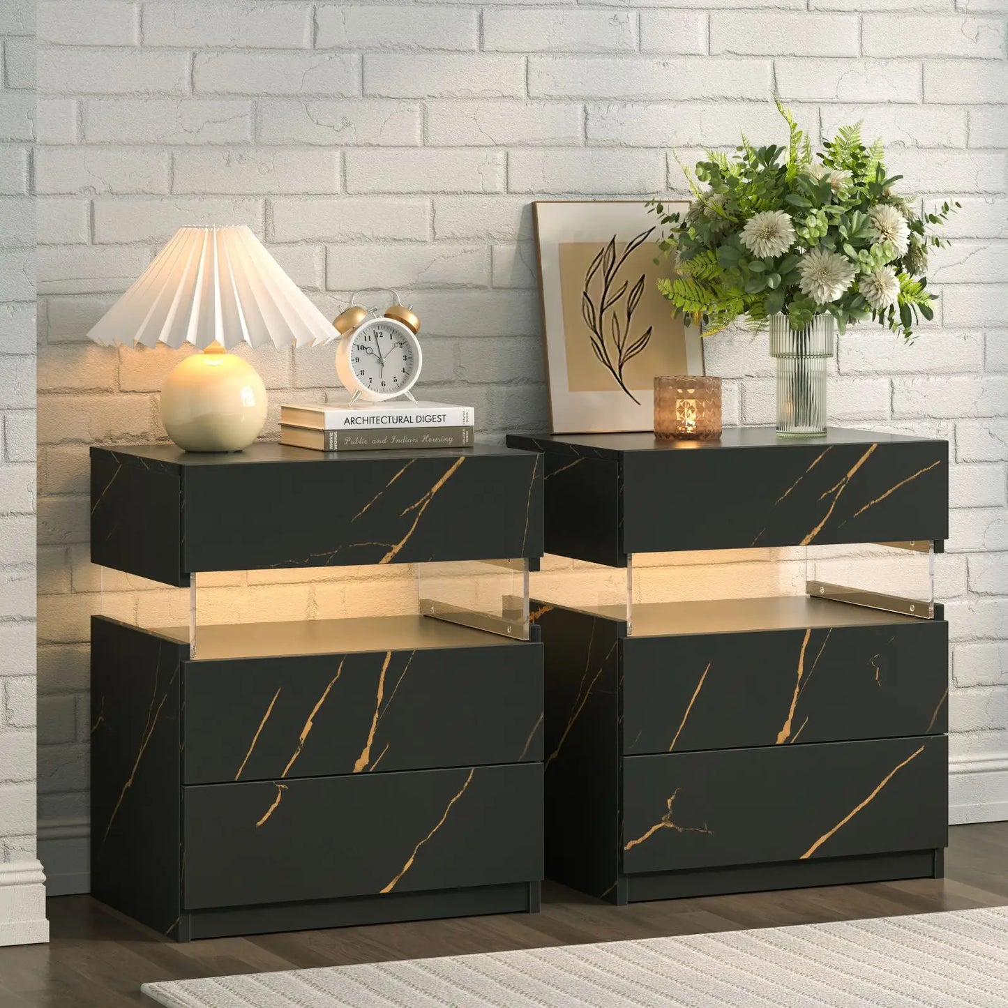 Cubehom Bedside Tables Set With LED Lighting For Bedroom