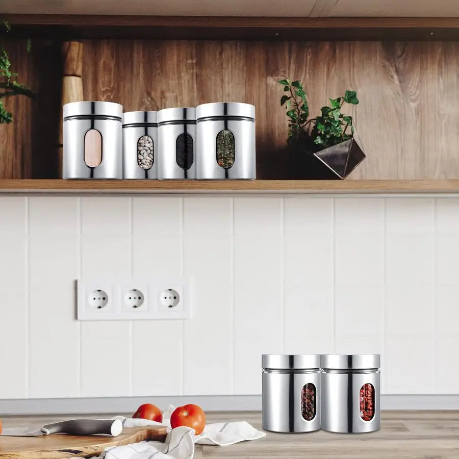 Six Pack Stainless Steel Glass Canister Set With Airtight Lids