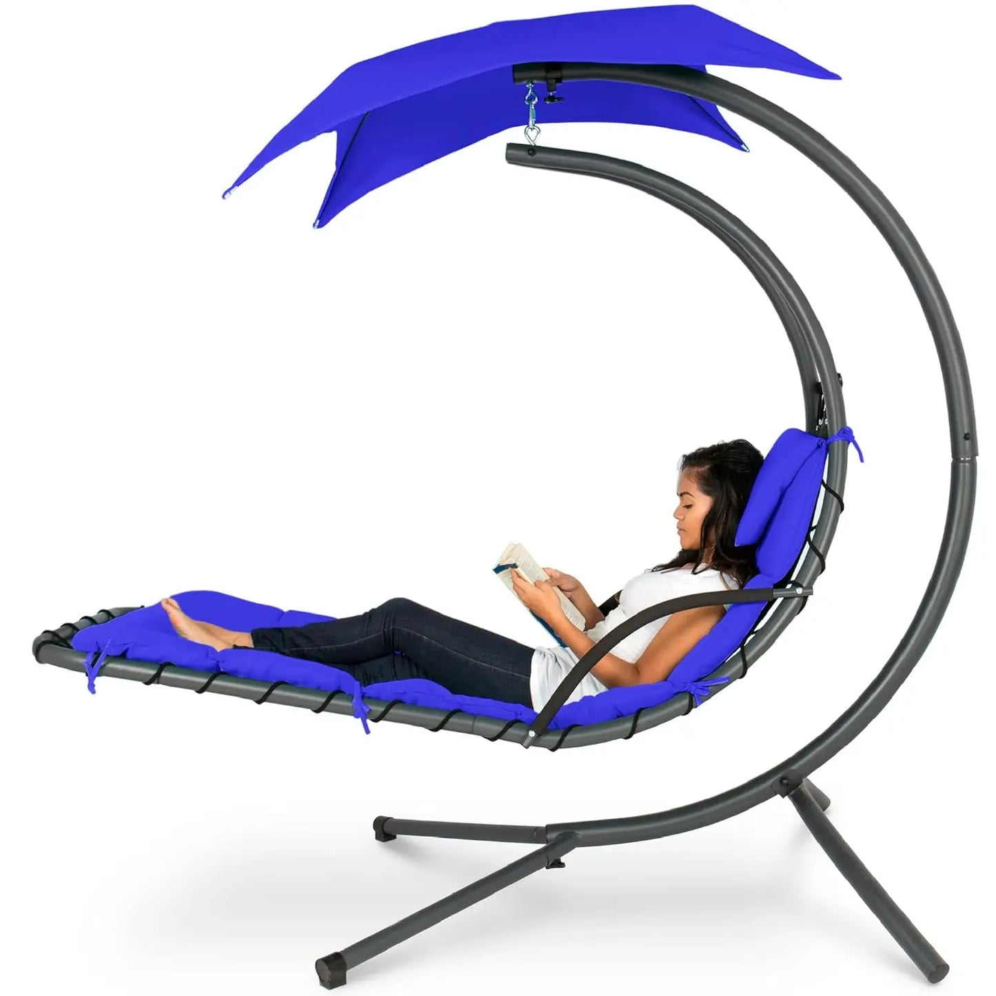 Curved Steel Outdoor Hanging Chaise Lounge With Built In Pillow And Canopy