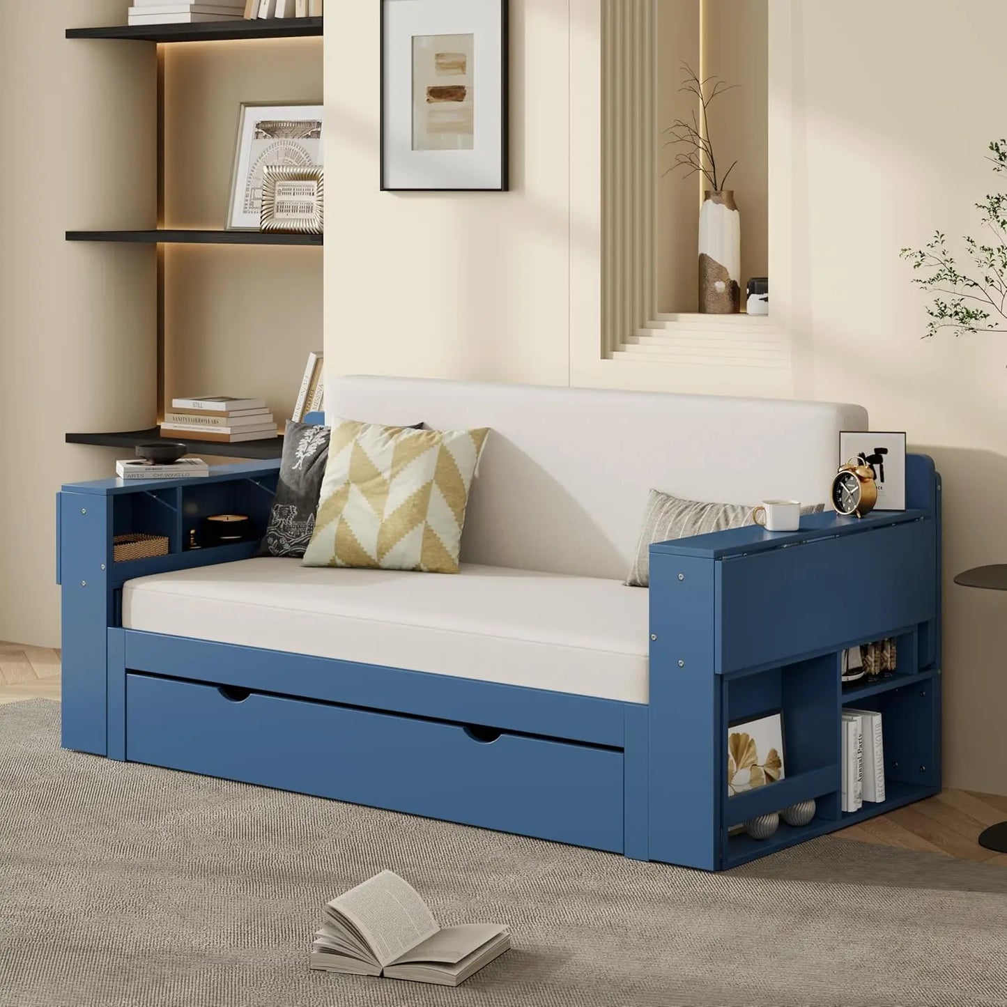 Daybed With Desk, Cabinet And USB Charging Storage