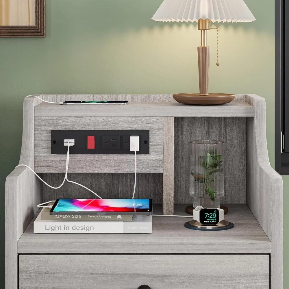 Nightstand Set With Charging Station And Hutch For Bedroom