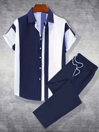 Men's Summer Printed Short Sleeve Shirt Pants Set Polyester Clothing