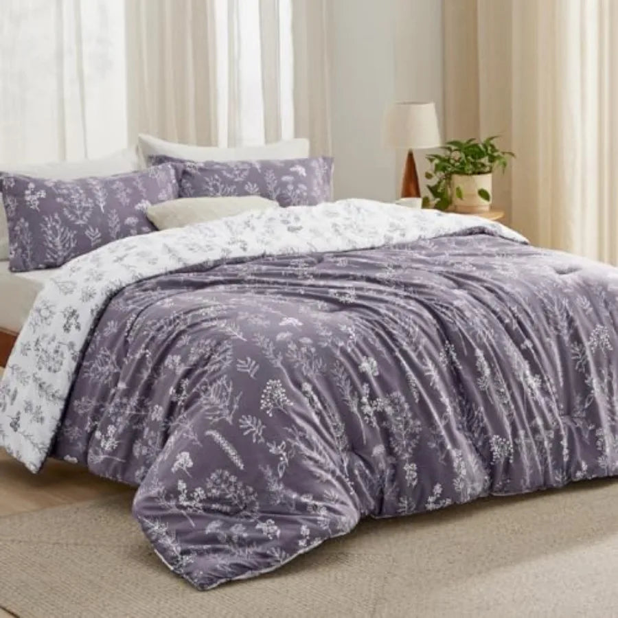 3 Piece Floral Comforter Set With Reversible Botanical Pillow Shams