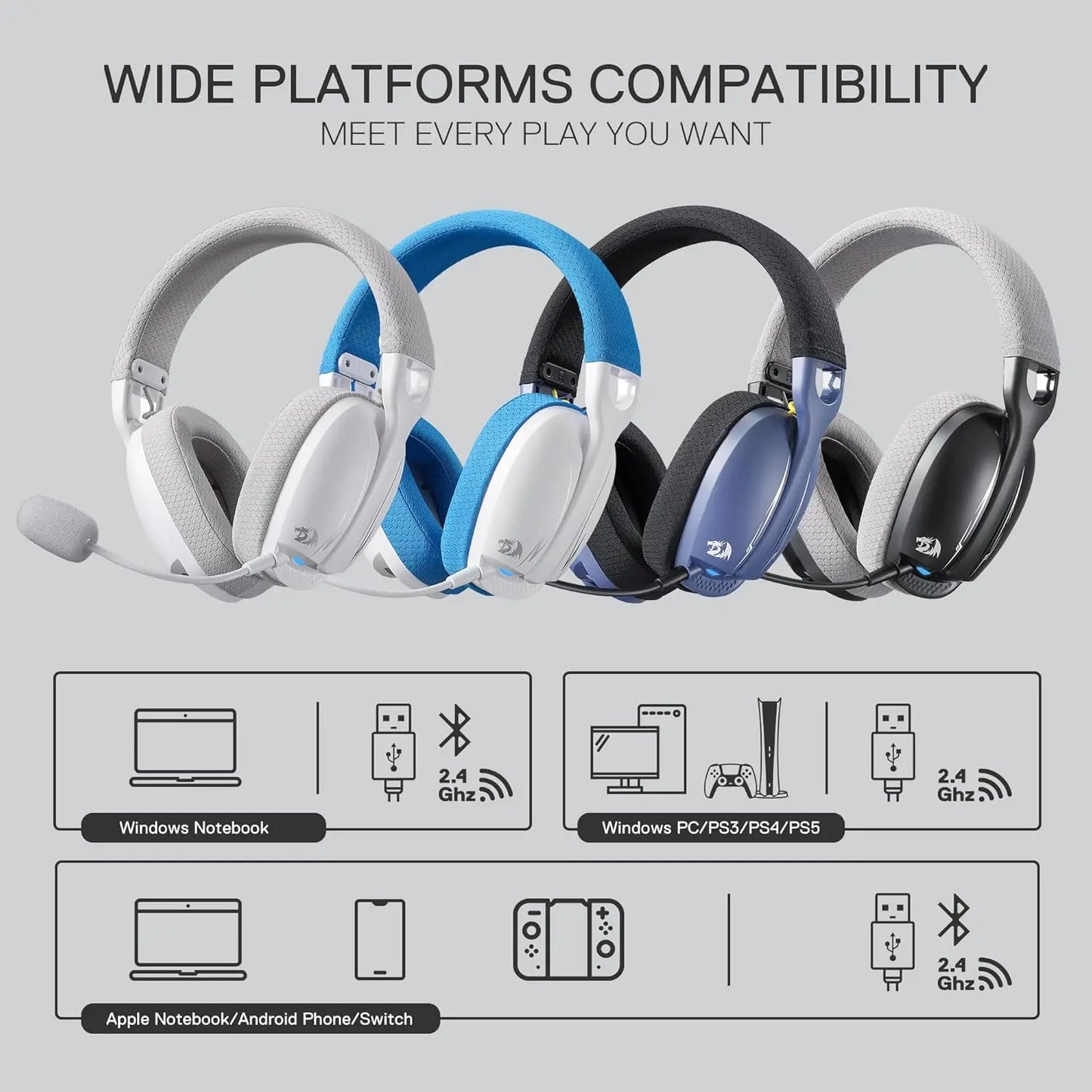 Redragon H878 Gaming Headset Wireless 2.4Ghz Bluetooth Compatible