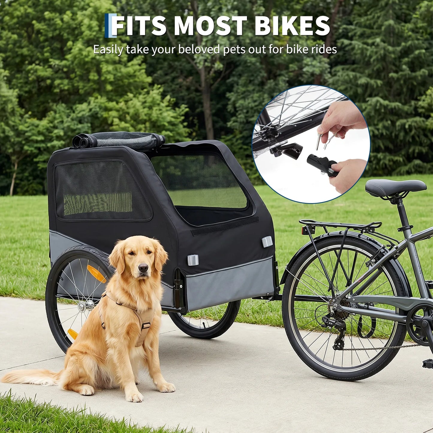Foldable Dog Bike Trailer With Steel Frame Carrier Heavy Duty
