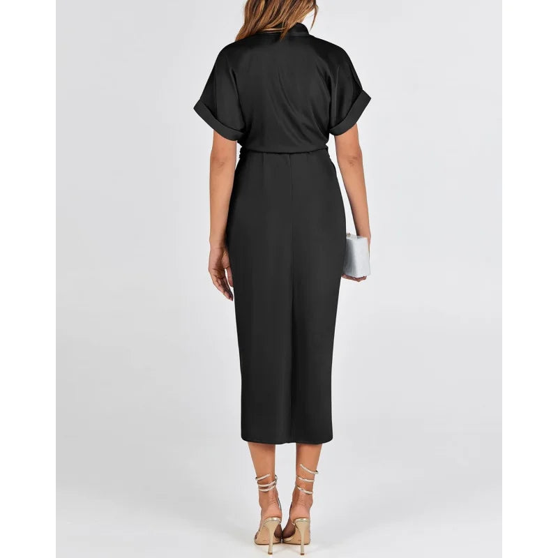 Elegant Women Summer Satin Midi Dress V Neck Short Sleeve