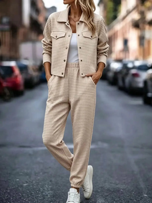 Plus Size Women Checkered Lapel Cardigan Pants Set Office Casual