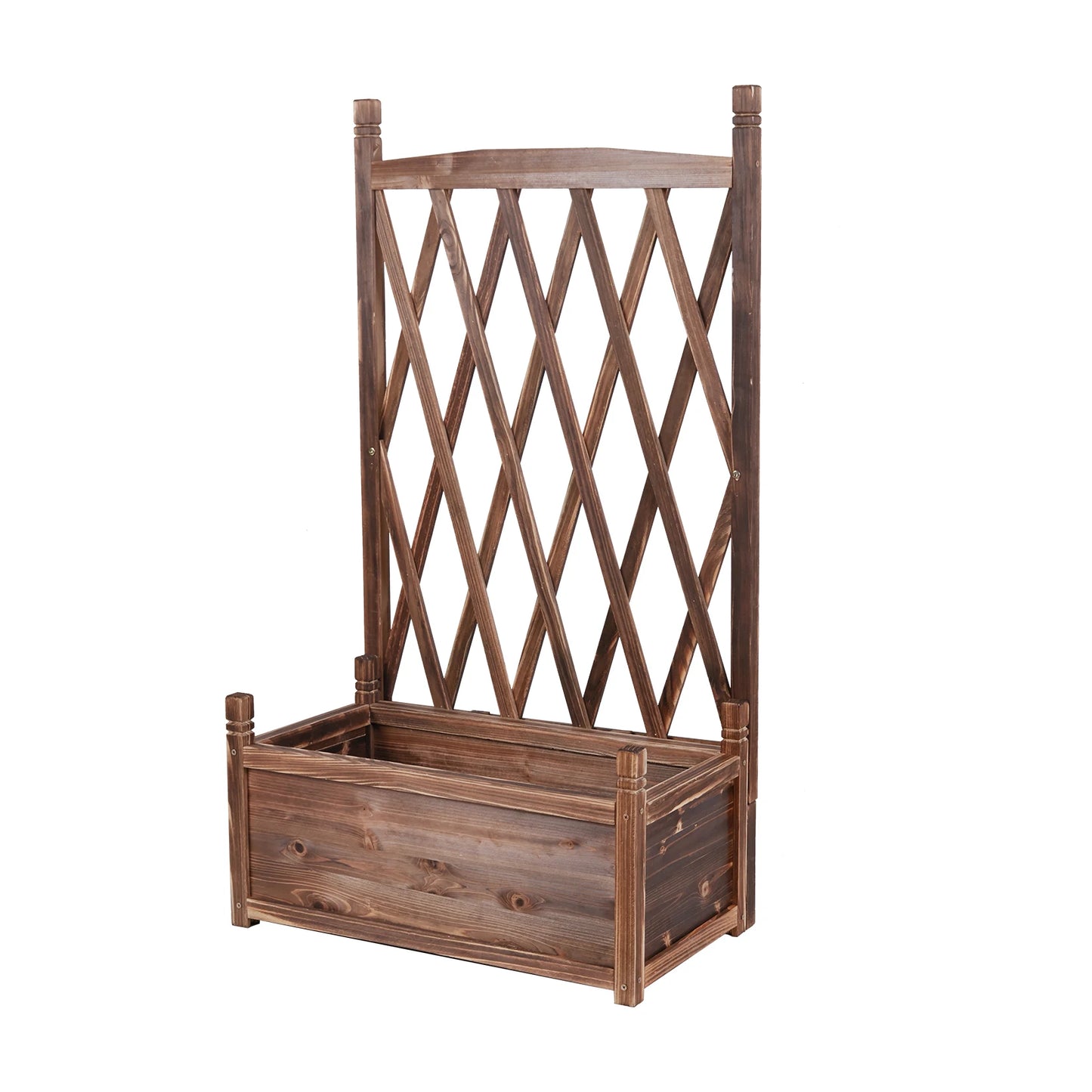 Elevated Wooden Garden Planter Box With Integrated Trellis