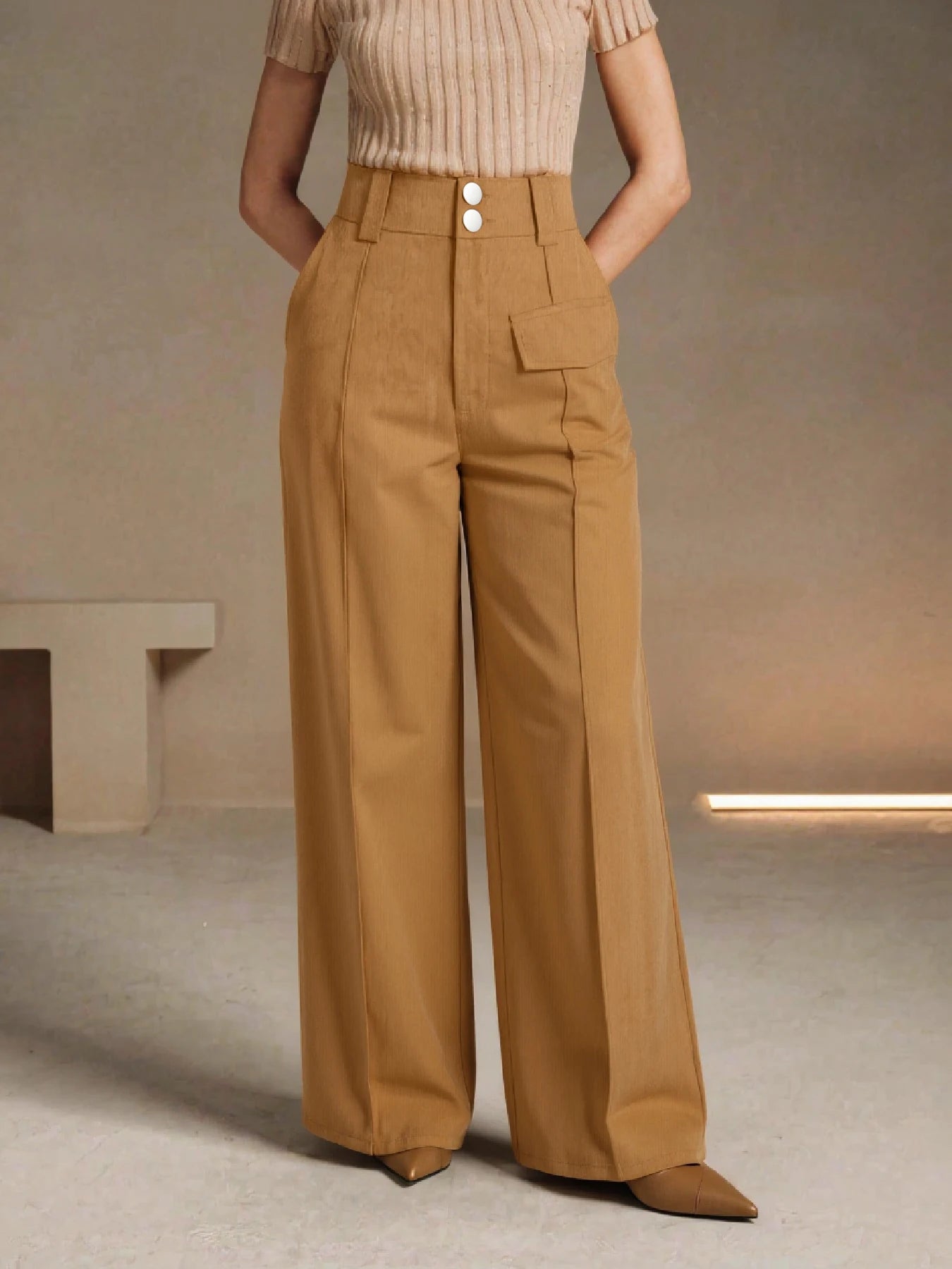 Women High Waist Corduroy Wide Leg Pants Pockets Casual Streetwear