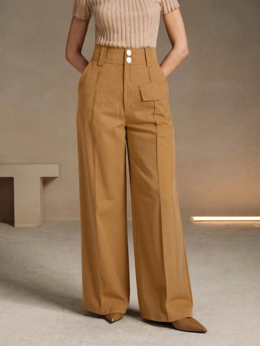 Women High Waist Corduroy Wide Leg Pants Pockets Casual Streetwear
