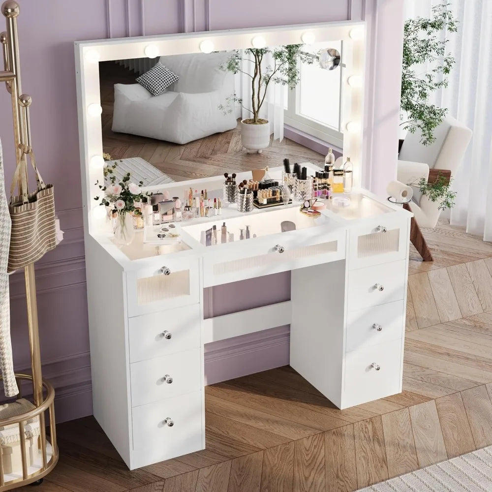 Makeup Vanity Desk With Lights And Large Mirror Glass Top With Charging Station