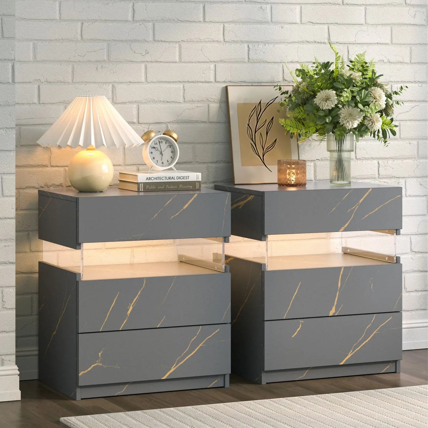Cubehom Bedside Tables Set With LED Lighting For Bedroom