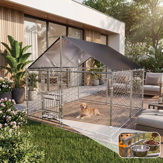 Heavy Duty Outdoor Dog Kennel With Dual Opening Rotating Bowls