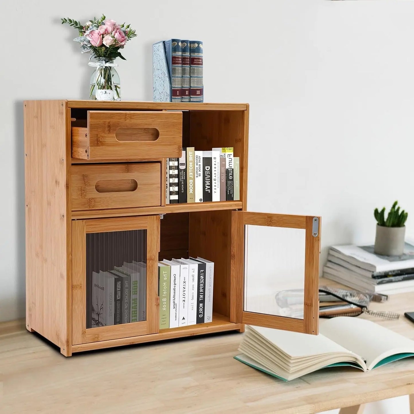 Bymaocar Bamboo Kitchen Pantry Cabinet Bread Box With 2 Drawers
