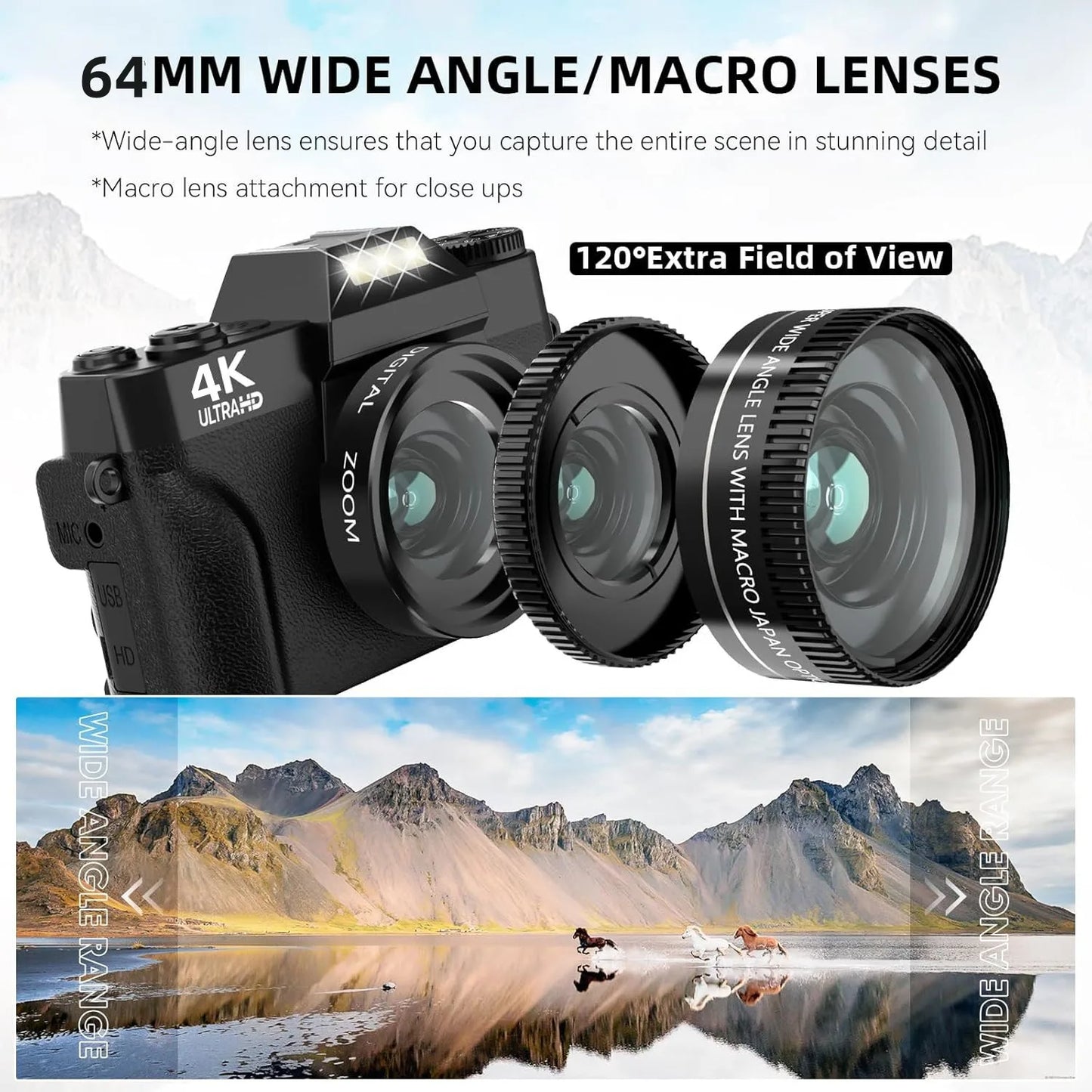 4K Digital Camera With 64MP 16X Zoom WiFi Flip Screen For YouTube