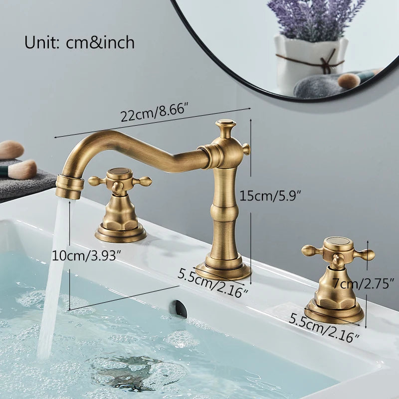 Saeuwtowy Antique Brass Bathroom Faucet Three Hole Deck Mount