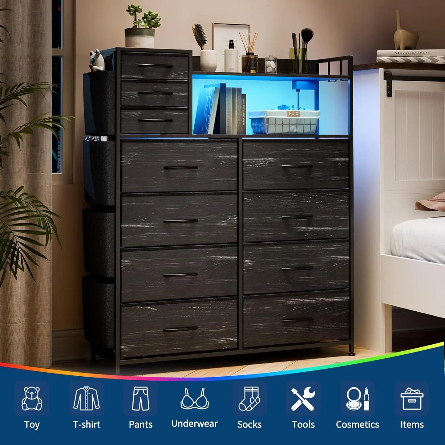 Storage Dresser With 11 Fabric Drawers, LED Lights, Wood Top