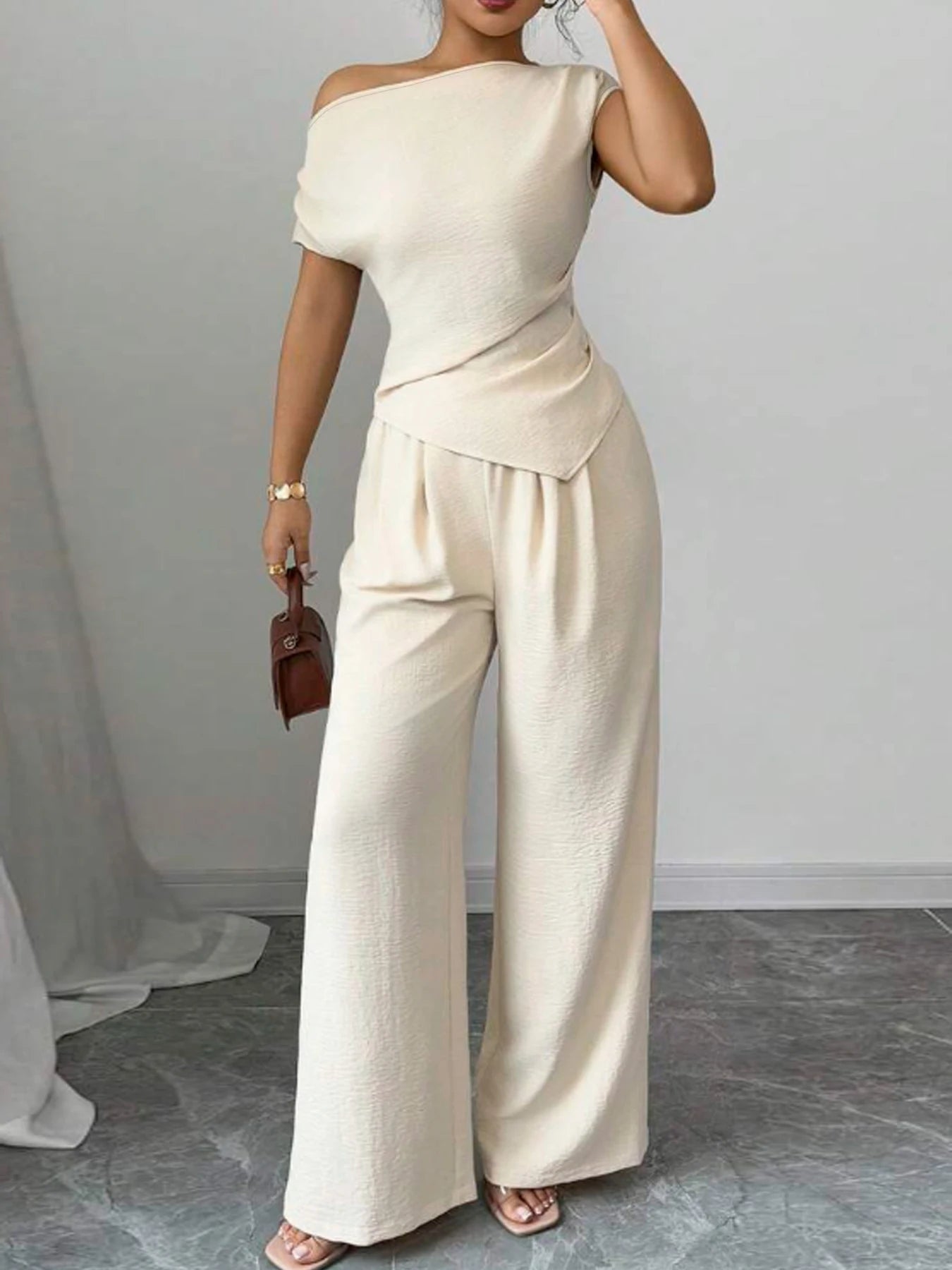 Ladies Solid Asymmetric Top Wide Leg Pants Two Piece Polyester Fashion