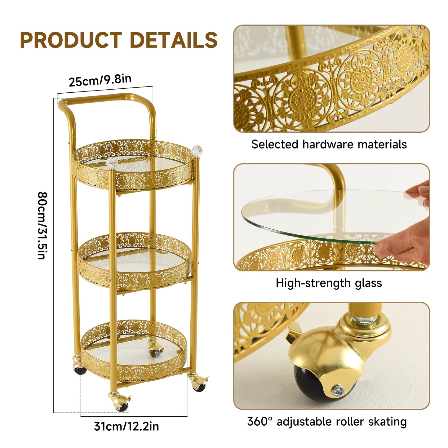 Tempered Glass Rolling Bar Cart With Lockable Casters And Mirror Holders