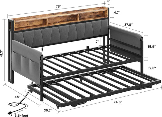 LIKIMIO Daybed Trundle Twin Bed Frame Upholstered Headboard And Charging
