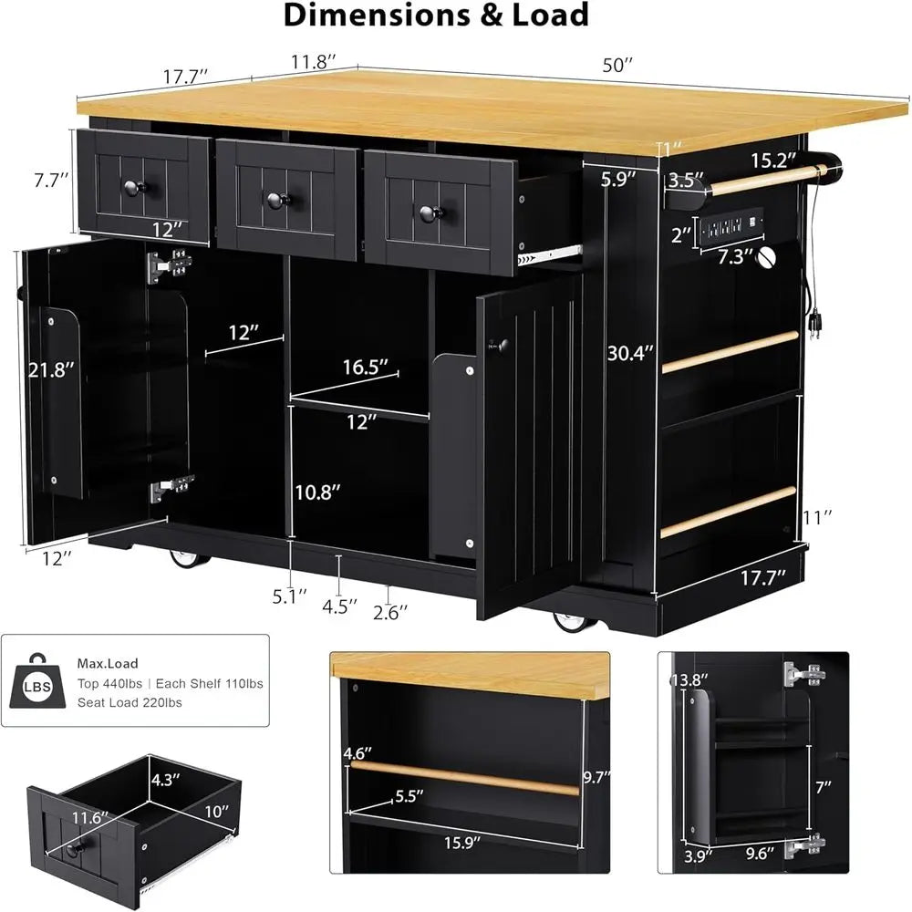 Rolling Kitchen Island With Power Outlet And Drop Leaf Storage Cabinet