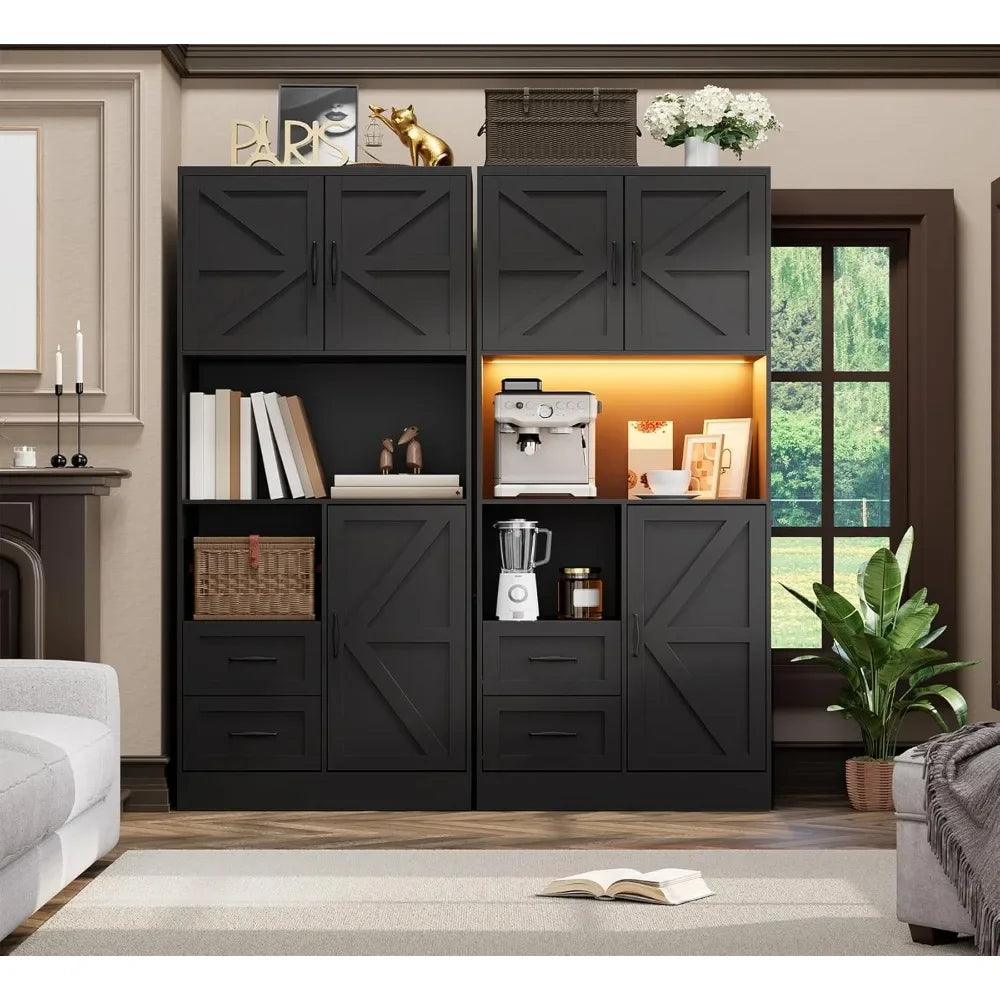 Kitchen Pantry Storage Cabinet With LED Lights And Power Strip