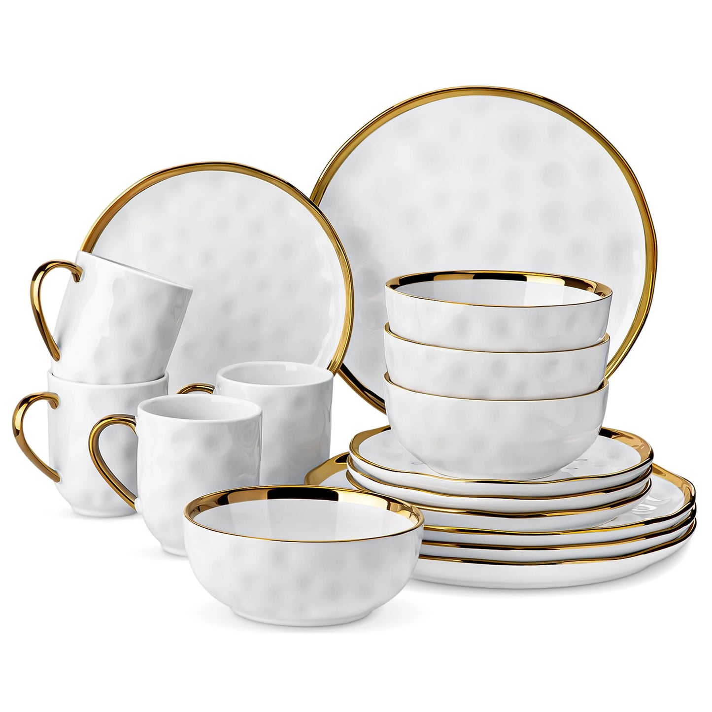 MALACASA White Handmade Stoneware Dinnerware Set With Gold Trim