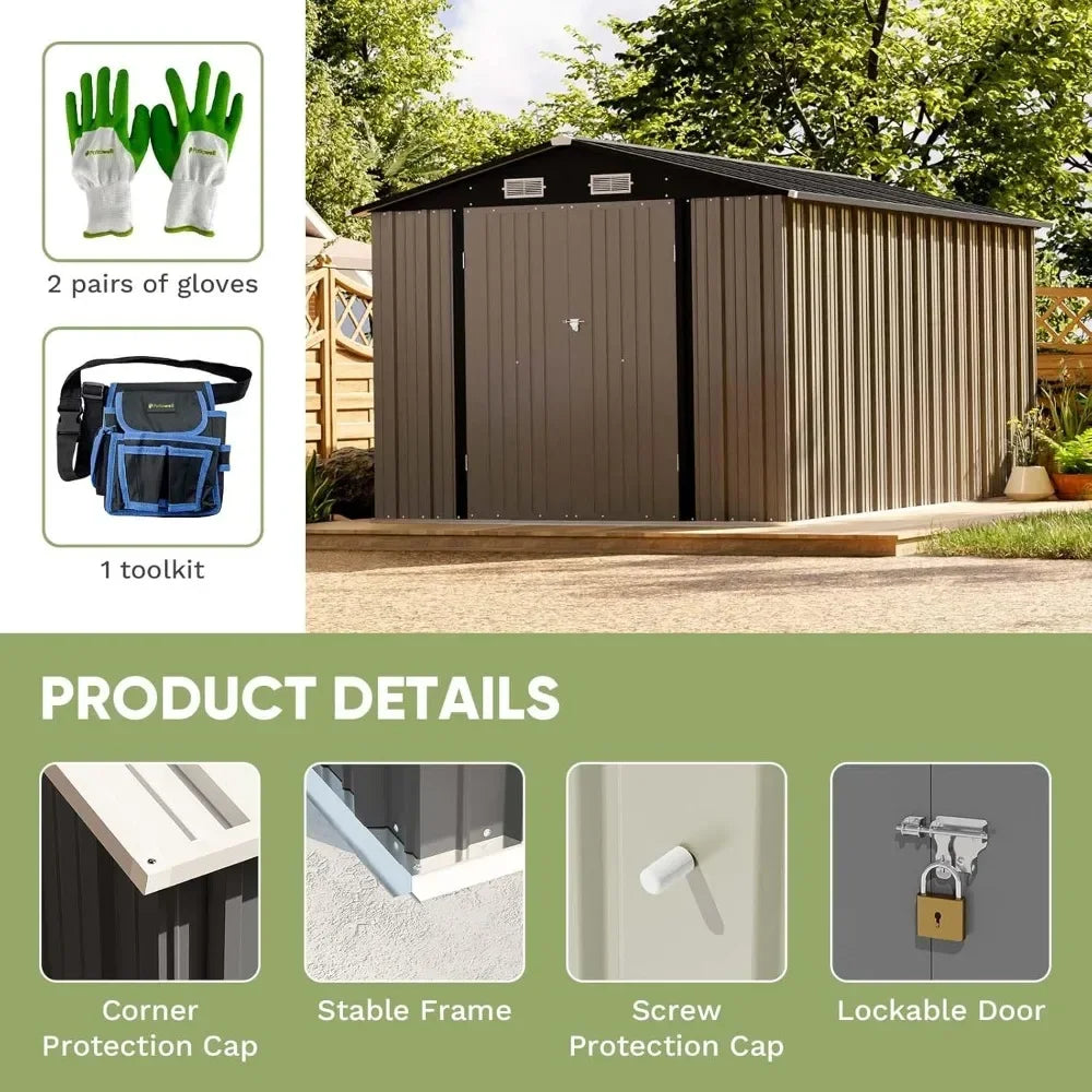 Outdoor Metal Storage Shed With Lockable Doors And Tool Storage