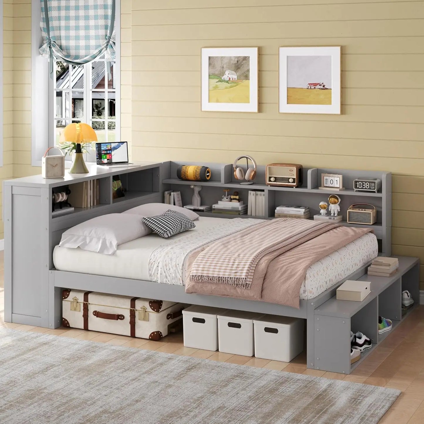 Daybed With Desk, Cabinet And USB Charging Storage