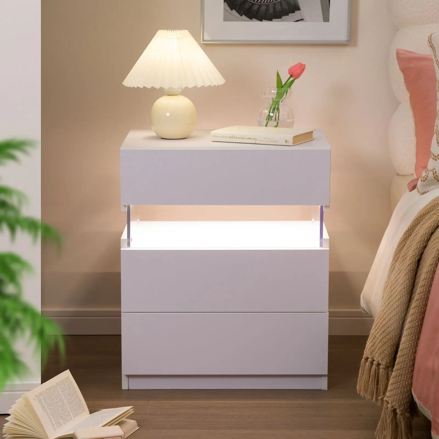 Cubehom Bedside Tables Set With LED Lighting For Bedroom