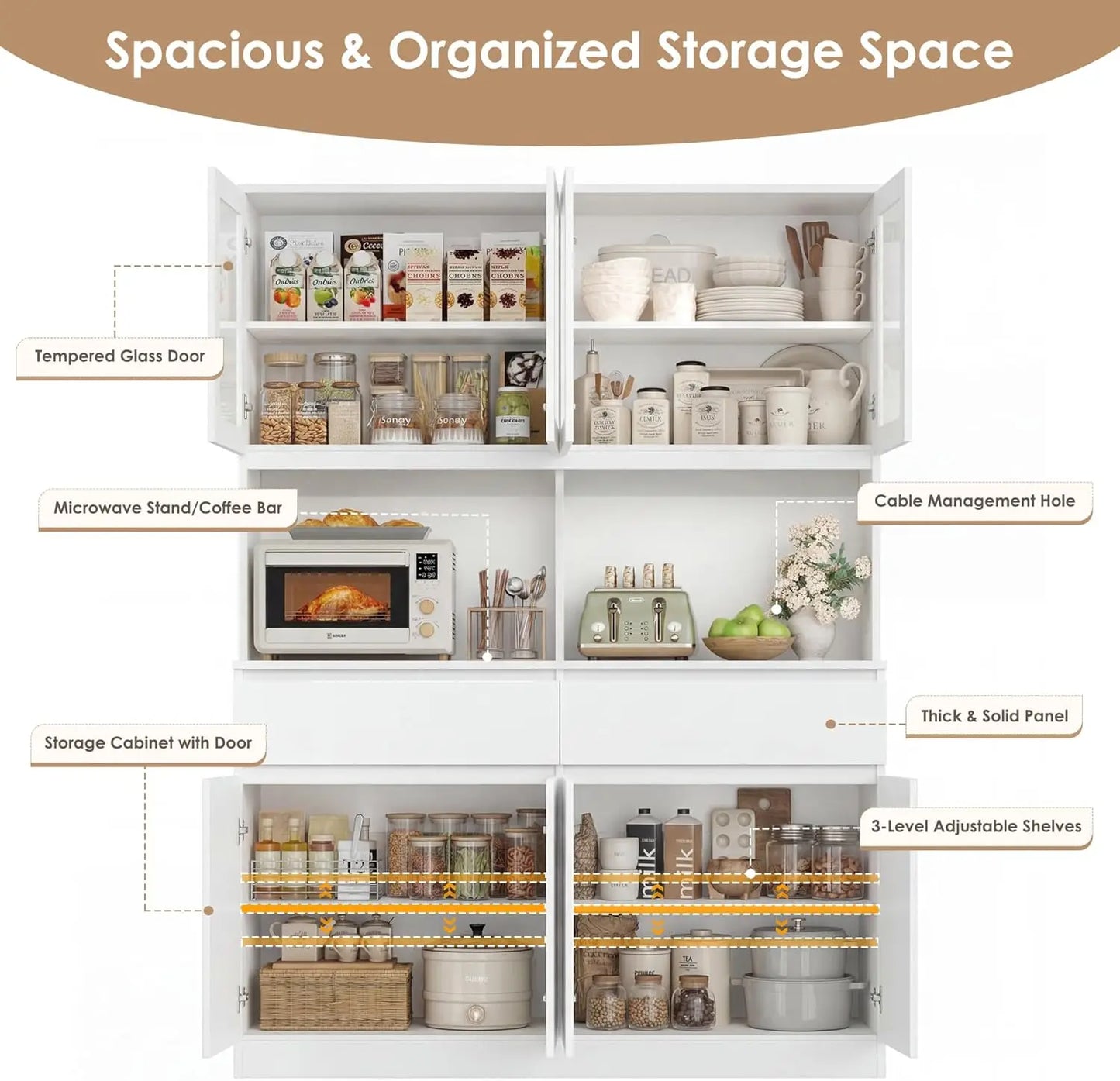 Kitchen Pantry Storage Cabinet With Glass Doors And Drawers