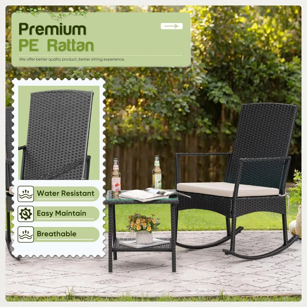 Flamaker Outdoor Rocking Chair Set Rattan Patio Chairs With Glass Table
