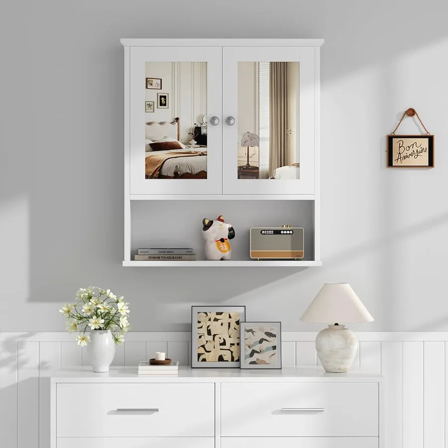 XIUWO Wall Mount Wood Medicine Cabinet With Adjustable Shelf Mirror