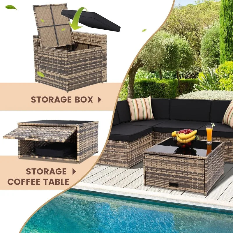 Outdoor Wicker Patio Sectional Set With Hidden Storage Glass Table