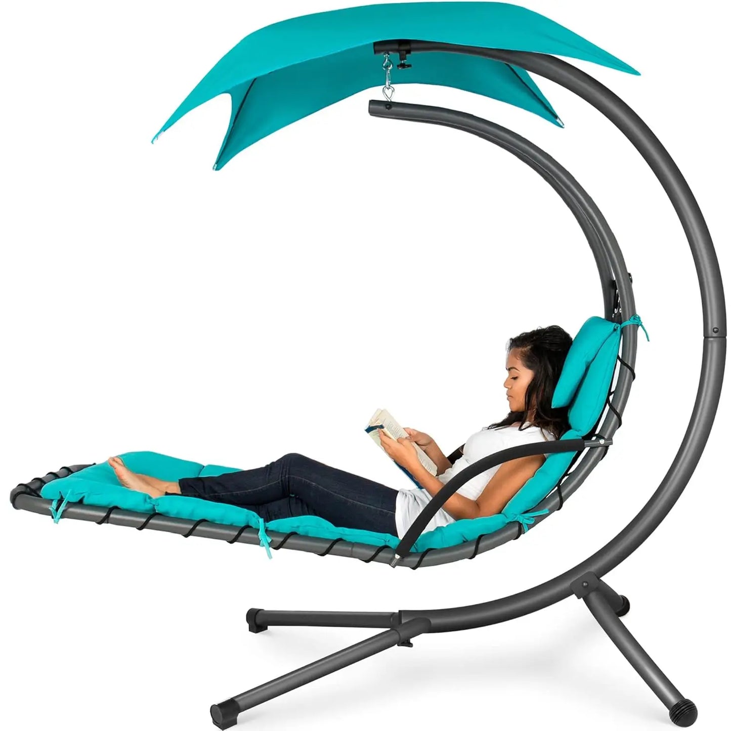 Curved Steel Outdoor Hanging Chaise Lounge With Built In Pillow And Canopy