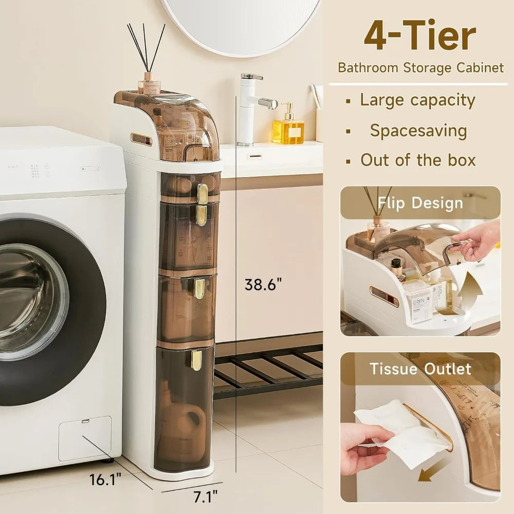 Slim 4-Tier Bathroom Floor Cabinet, Waterproof Narrow Organizer With Drawers