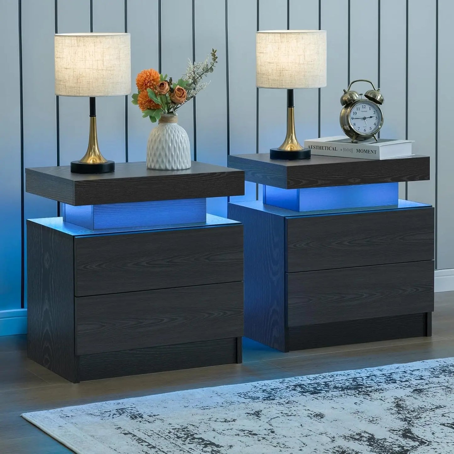 Cubehom LED Nightstand Set Of 2 With Drawers Bedside Table