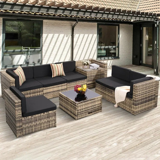 Outdoor Wicker Patio Sectional Set With Hidden Storage Glass Table