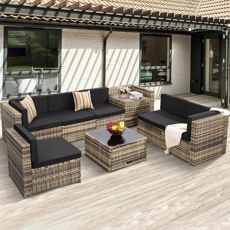 Outdoor Wicker Sectional Set With Hidden Storage Glass Top Table