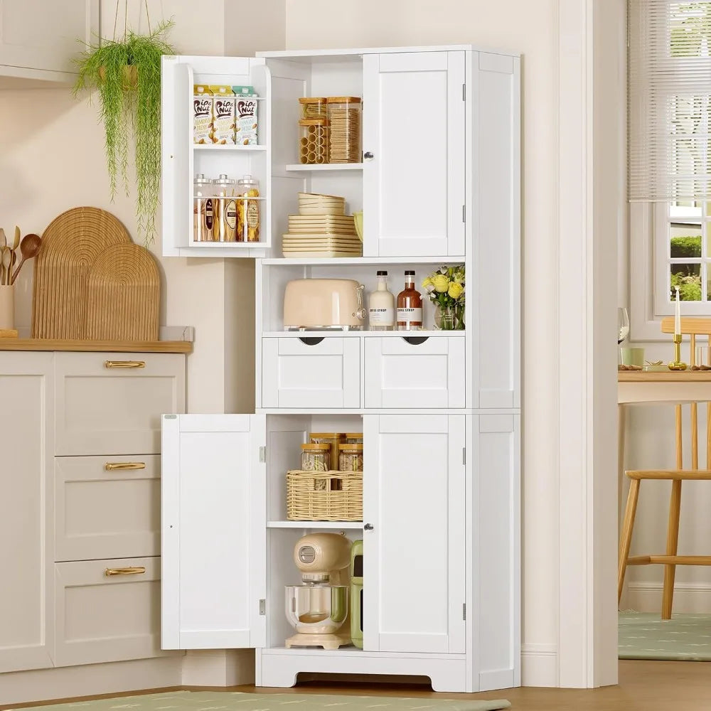 Kitchen Pantry Cabinet With Adjustable Shelves 2 Drawers And 4 Door Shelves