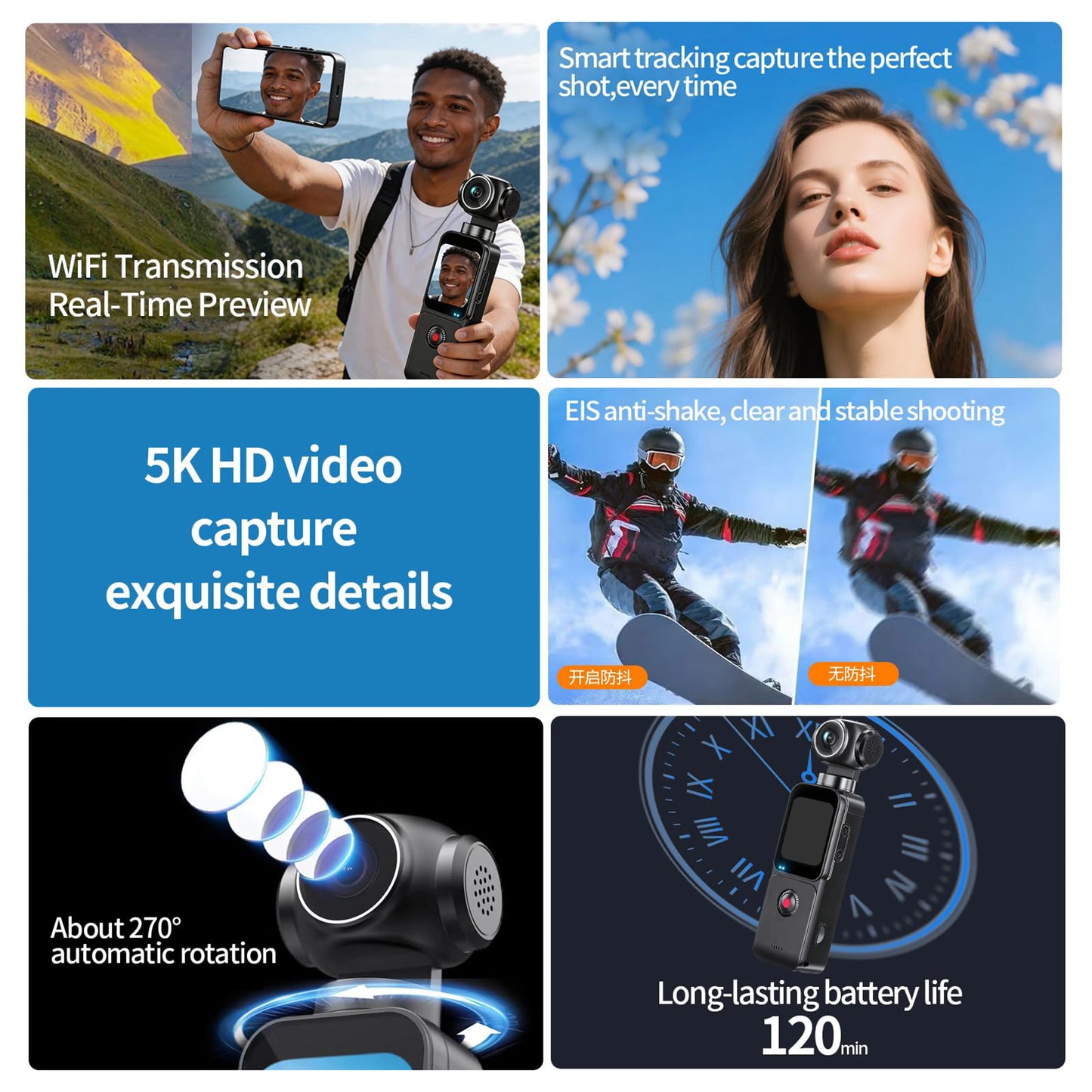 5K HD Handheld Action Camera With 270 Degree Rotating Lens Touchscreen