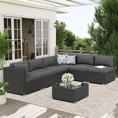 Outdoor Patio Furniture Set Rattan Wicker With Glass Top Table And Cushions