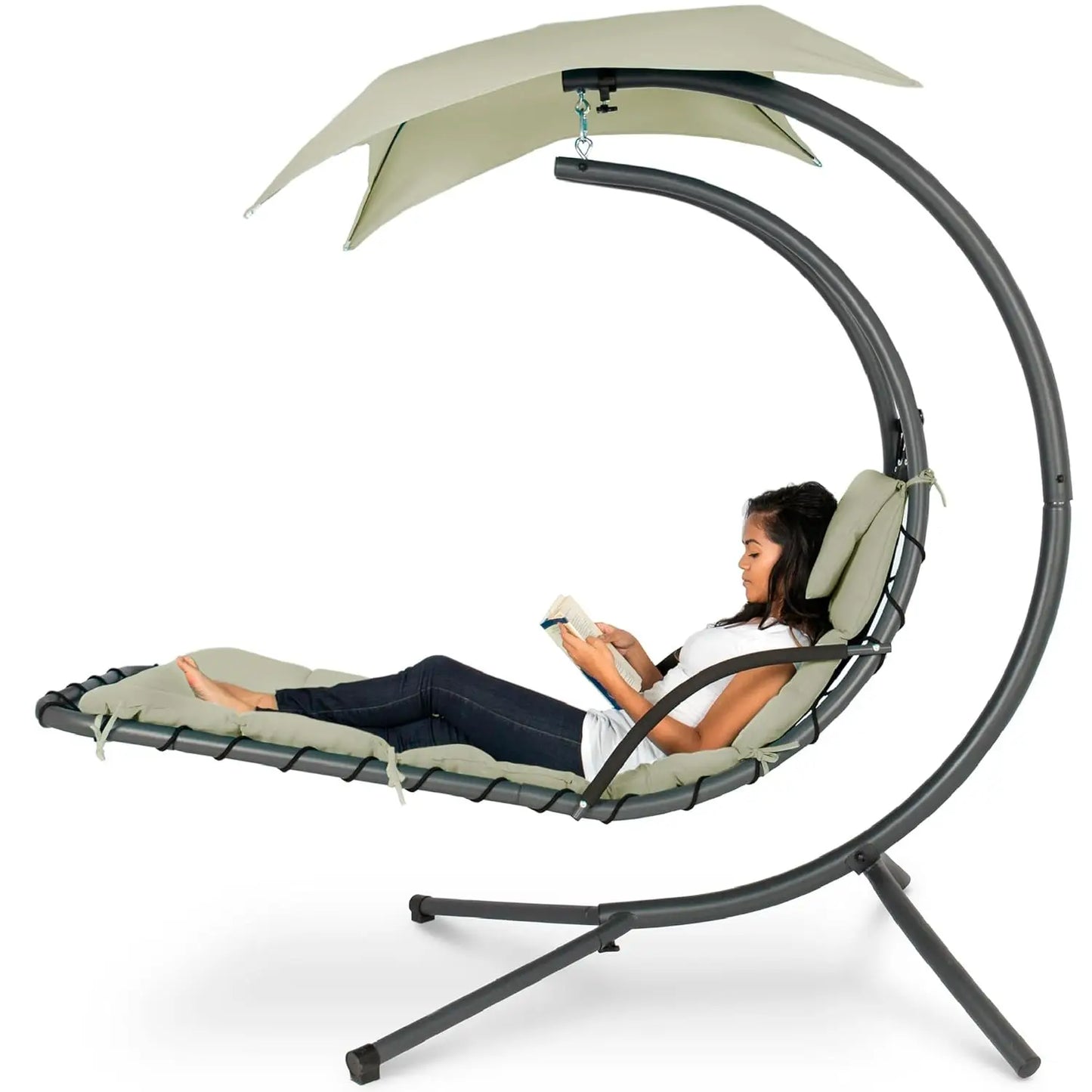 Curved Steel Outdoor Hanging Chaise Lounge With Built In Pillow And Canopy