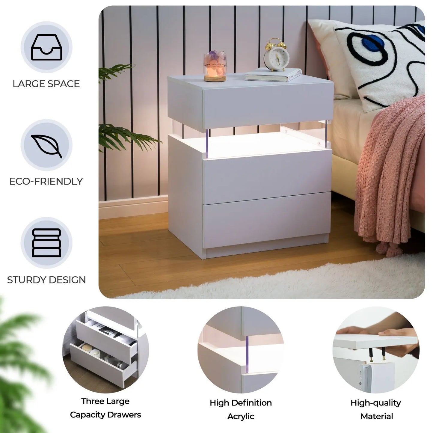 Cubehom Bedside Tables Set With LED Lighting For Bedroom
