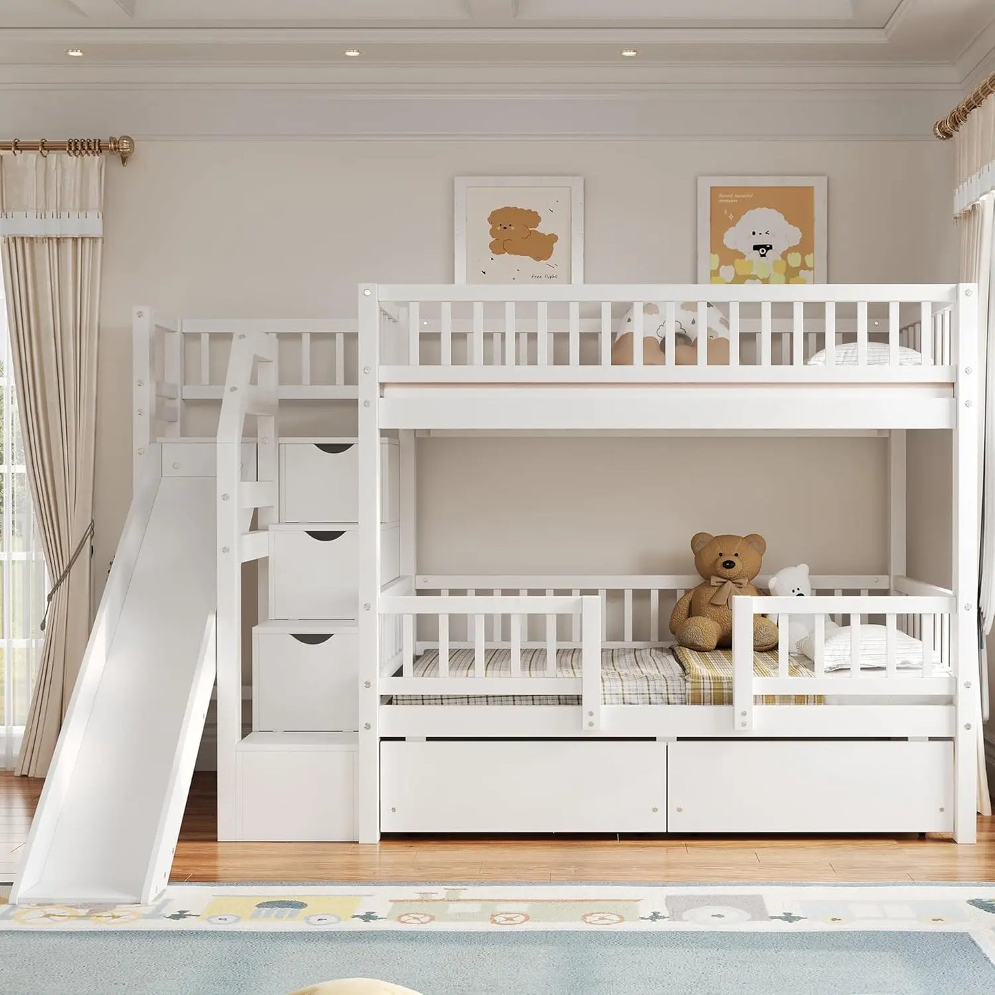 Twin Over Twin Bunk Bed With Slide Staircase And Storage