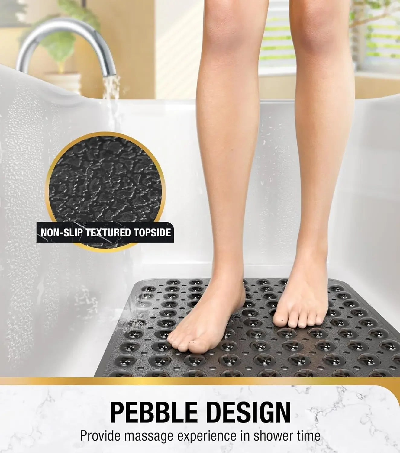 Extra Long Non Slip Bathtub Mat PVC With Suction Cups Drain Holes