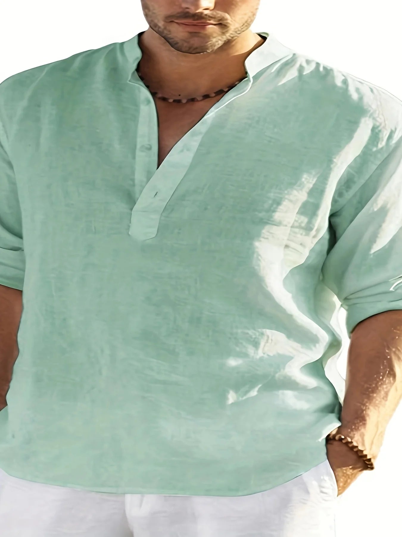 Mens Long Sleeve Cotton Linen Shirt Loose Fit Summer Wear